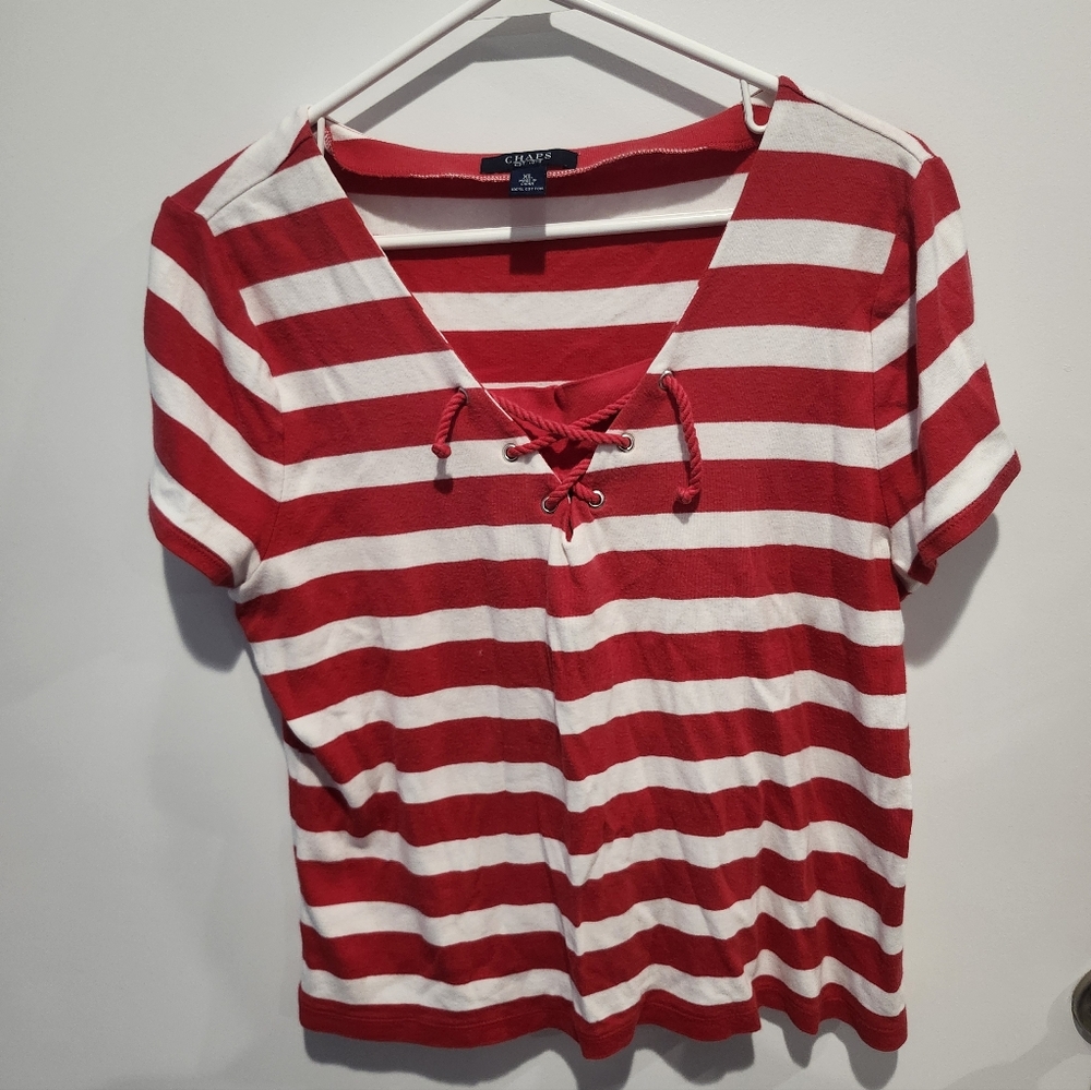 Chaps Red and White Striped Lace-Up Tee